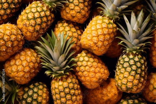 Abundant and vibrant fresh pineapples stacked at a tropical fruit market with an overhead view, showcasing their juicy, ripe, and colorful nature, perfect for a healthy and wholesome summer diet photo