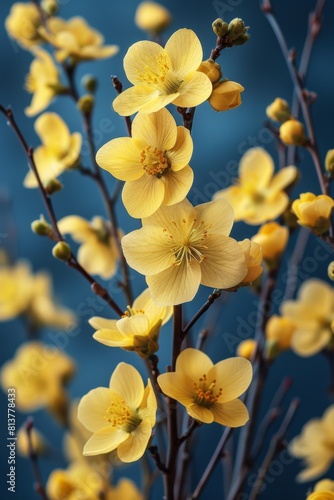 A close up of a bunch of yellow flowers on the stem  AI