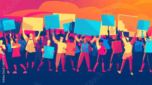 Activists holding placards and banners on riot. People carrying empty signs fighting for their rights. Modern flat illustration of protesters on strike and riot.