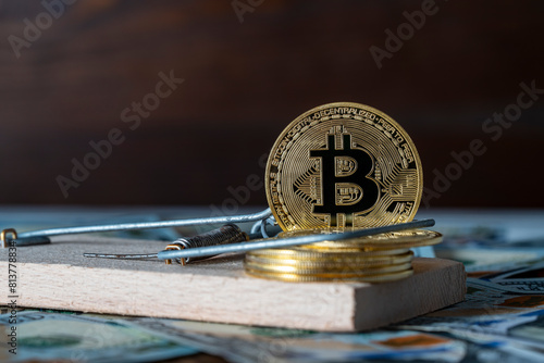 Golden cryptocurrency coins bitcoin in a mousetrap on the background of us 100 dollar bills, closeup. Cryptocurrency scam or fraud concept