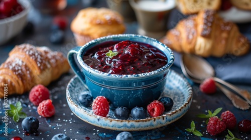 a cozy morning with a vibrant pot of wild berry jam paired harmoniously with a selection of freshly baked scones  muffins  and croissants. Plenty of space for text