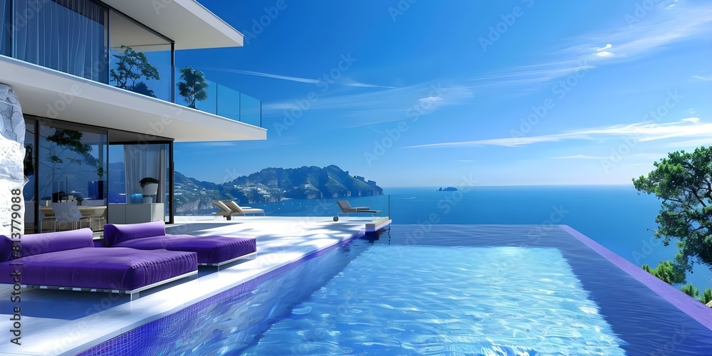 Obraz premium Luxurious villa on Amalfi Coast with panoramic Mediterranean Sea views and terraces. Concept Luxury Villa, Amalfi Coast, Mediterranean Sea Views, Terraces
