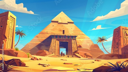 Cartoon modern illustration of Egyptian pyramid in desert with people groups silhouettes at doorways. Egyptian architecture and tourists or archaeologists characters discover ancient civilization in