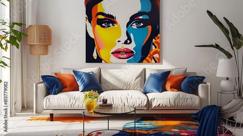 A vibrant pop art portrait of the showgirl from head over heels in the style of white wall living room with a cream sofa and orange blue pillows  photo