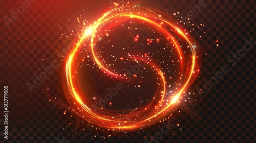 Detailed modern illustration of a 3D red glow tornado, magic spiral, spinning circles motion effect, thunder energy waves, swirls with glitter, shimmer, and sparks, isolated shiny round vortex