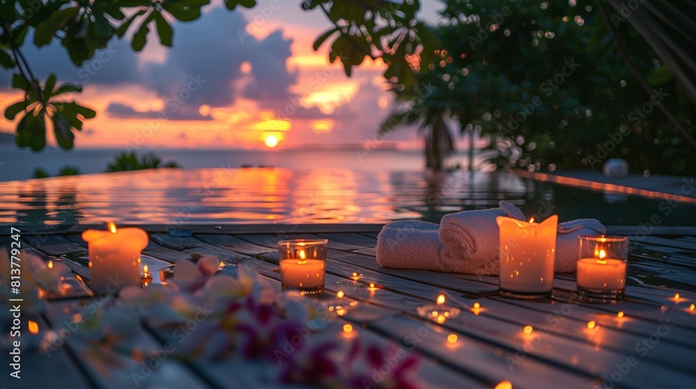 Outdoor spa massage setting at sunset with candlelight 