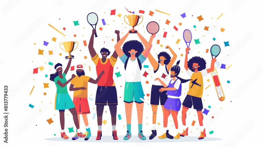 Winners of multi-ethnic sports with golden cups and medals. Flat modern illustration featuring hockey, basketball, tennis, cycling, skiing, swimming sports characters celebrating their achievements. Winners of multi-ethnic sports with golden cups and medals. Flat modern illustration featuring hockey, basketball, tennis, cycling, skiing, swimming sports characters celebrating their achievements.