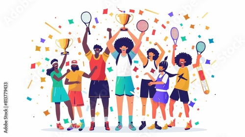 Winners of multi-ethnic sports with golden cups and medals. Flat modern illustration featuring hockey, basketball, tennis, cycling, skiing, swimming sports characters celebrating their achievements.