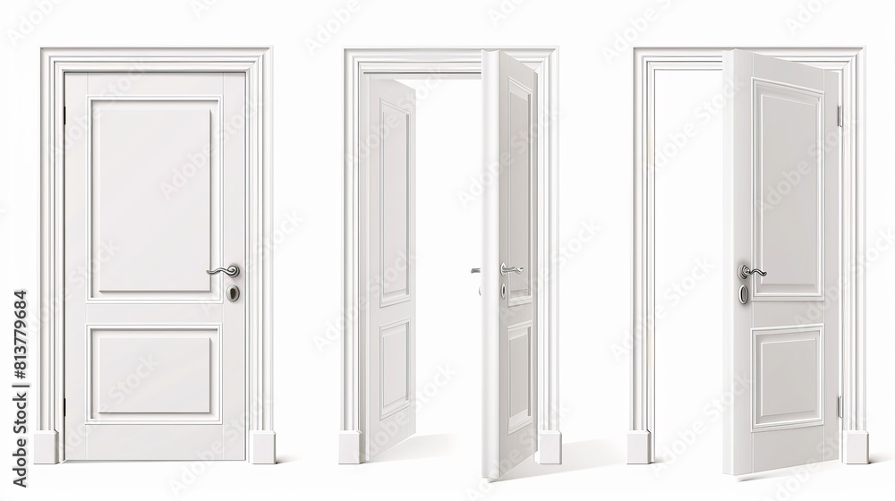 White wooden door with frame and handle in open, closed and ajar positions, modern realistic set isolated on white background for front entrance or inside house, apartment, office. White wooden door with frame and handle in open, closed and ajar positions, modern realistic set isolated on white background for front entrance or inside house, apartment, office.