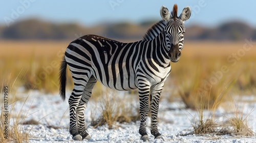 Plains zebra (Equus burchellii) stands on salt pan turning head, Etosha National Park; Otavi, Oshikoto, Namibia Generative AI photo