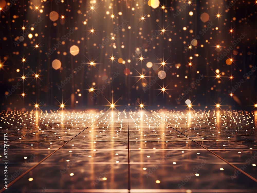 Naklejka premium Golden glitter lights shine on the reflective floor.