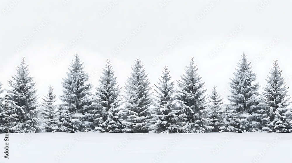Snow-covered pine trees against a pristine white backdrop, their purity and simplicity captured in stunning detail.
