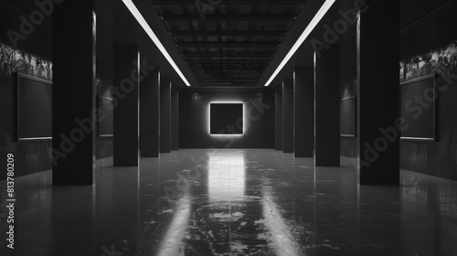 A 3D render of an abstract room, a black corridor background, and a museum space with pillars and light reflections on the floor. Empty art gallery, dark exhibition hall interior with lamps on the