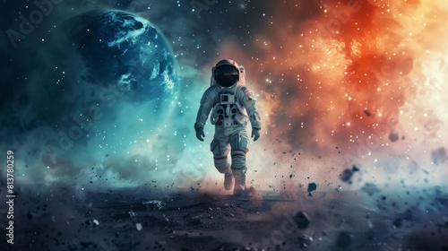 An astronaut walking on a barren surface with a backdrop of Earth and a vibrant cosmic nebula, conveying a sense of space exploration and wonder.