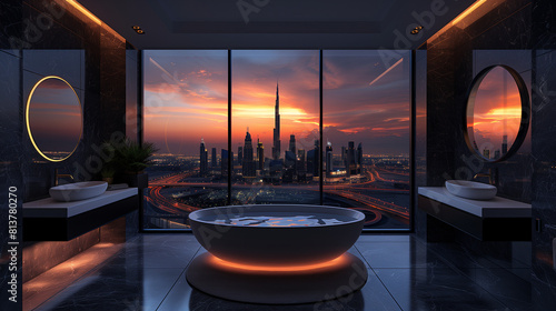 Luxury bathroom interior with view on Dubai skylines during night time.