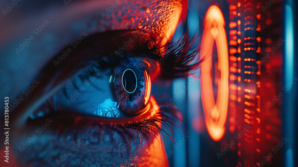 Female eye close up with smart contact lens with digital and bio-metric implants to scanning the ocular retina. Future concept and hi tech technology for computer scans of face identification Female eye close up with smart contact lens with digital and bio-metric implants to scanning the ocular retina. Future concept and hi tech technology for computer scans of face identification