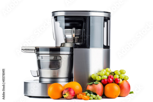 A powerful juicer with a brushed stainless steel exterior and a large fruit hopper isolated on a solid white background.