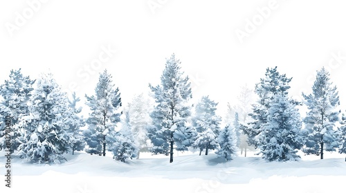 Snow-covered pine trees against a pristine white backdrop, evoking a sense of winter wonderland magic.