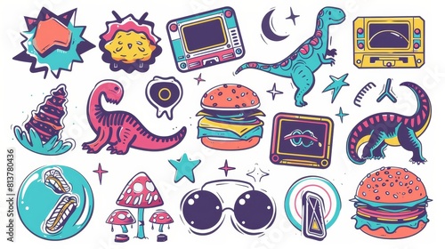 Colorful retro stickers with mushroom, cassette, vintage pager, dinosaur, burger, and infinity sign. Comic patches, modern cartoon set isolated on white background. photo