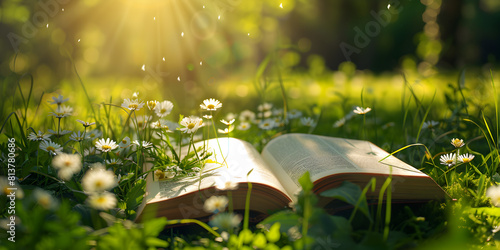 Open book in the grass on the field on sunny day in spring Beautiful meadow with daisy and dandelion flowers at springtime