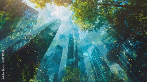 urban landscapes meet the organic beauty of trees of surreal skyscrapers reaching for the sky amidst a sea of greenery  all bathed in the calming hues of a blue sky