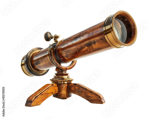 The image shows an antique brass telescope with a wooden tripod. The telescope is pointed up at an angle. photo
