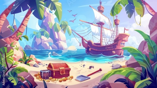 An adventure story or game scene of pirates docked on an island with treasure. A chest with gold and shovel beneath lianas, filibuster loot lying on a beach with palm trees. Cartoon modern