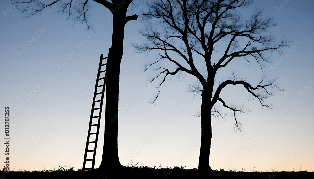 A tree silhouette with a ladder leaning against it upscaled_13