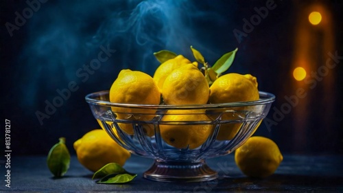 Lemons in a classic glass bowl, cinematic food photography, ad promo style, neon glowing lights in background  photo