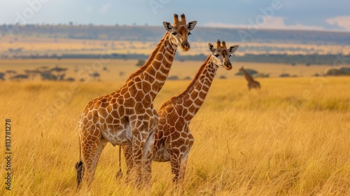 Portrait of a giraffe  giraffa  standing in field in the grasslands of the savanna looking at the camera  with another giraffe standing in the distance  Maasai Mara  Kenya  Africa Generative AI