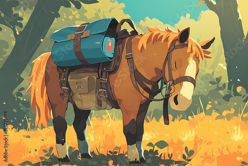 a horse wearing a bag in nature