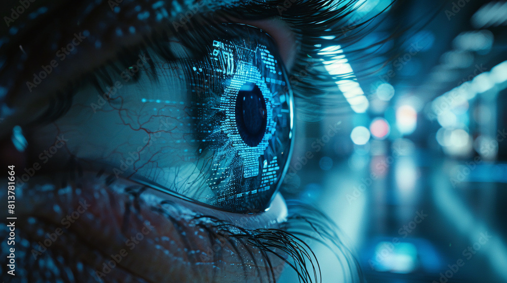 Female eye close up with smart contact lens with digital and bio-metric ...
