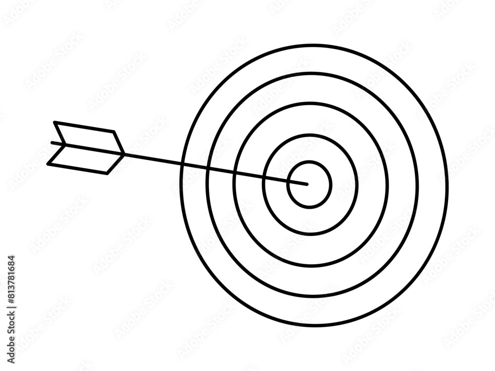 Hand drawn cute outline illustration of arrow hit center of target. Flat vector hit the bull's eye in line art doodle. Successful business strategy icon. Goal achievement. Problem solution. Isolated. Hand drawn cute outline illustration of arrow hit center of target. Flat vector hit the bull's eye in line art doodle. Successful business strategy icon. Goal achievement. Problem solution. Isolated.