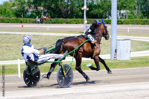 Racing horses trots and rider on a track of stadium. Competitions for trotting horse racing. Horses compete in harness racing. Horse runing at the track with rider.  © scatto