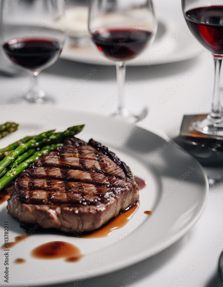 excellent grilled steak and fried asparagus on a white plate with a glass of red wine in a luxury restaurant
excellent grilled steak and fried asparagus on a white plate with a glass of red wine in a luxury restaurant