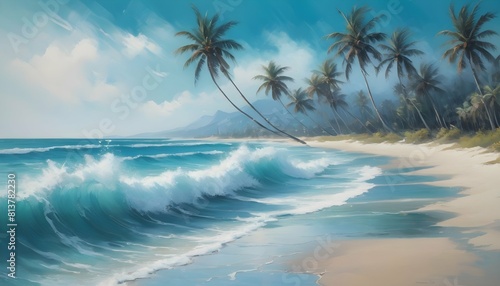 A beach scene with palm trees swaying in the breez upscaled_6 photo