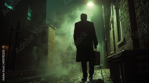 Mysterious Silhouette in Dark Alleyway Holding Briefcase