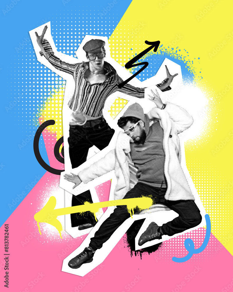 Poster. Contemporary art collage. Black and white male dancers modes in music rhythm against vibrant background. Concept of fashion, modern and retro fusion. Trendy magazine style.