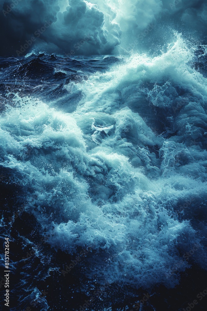 Fototapeta premium A large wave crashing on the ocean with a dark sky, AI