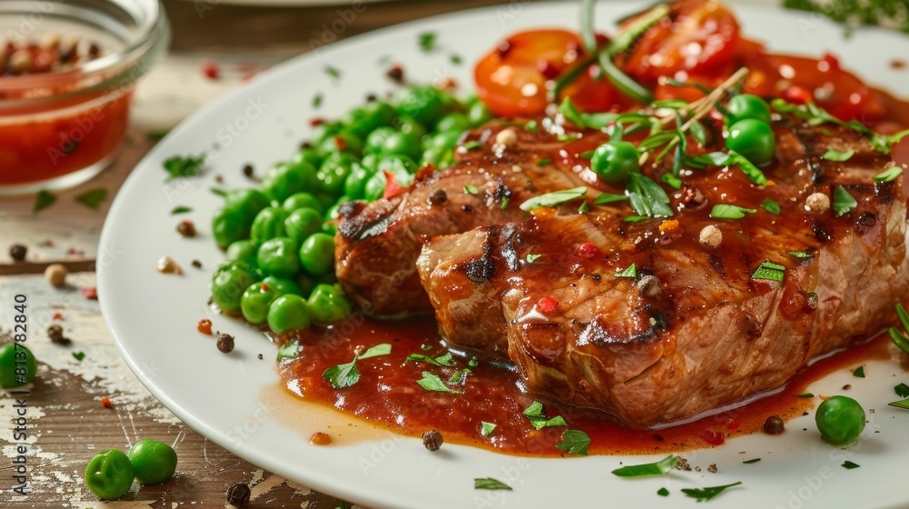 American cuisine. Roast with pepper sauce and peas. American cuisine. Roast with pepper sauce and peas.