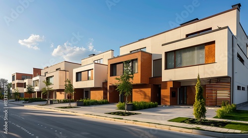 modern townhouses with beige walls and brown accents located in the city of Kostyaha Lugg on an asphalted lot next to each other 