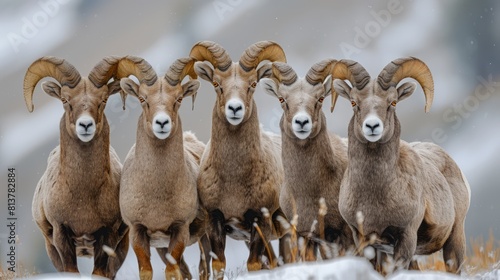 Portrait of five bighorn sheep rams looking at camera, Yellowstone National Park, Wyoming, USA Generative AI photo