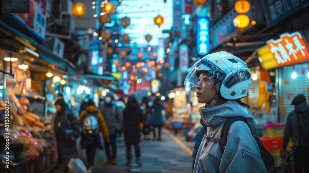 A person wearing a helmet stands in a vibrant alley with neon signs, capturing the bustling night-life atmosphere of an urban shopping street.