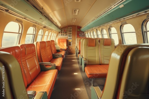 Warm sunlight illuminates the classic, nostalgic interior of an empty vintage train carriage