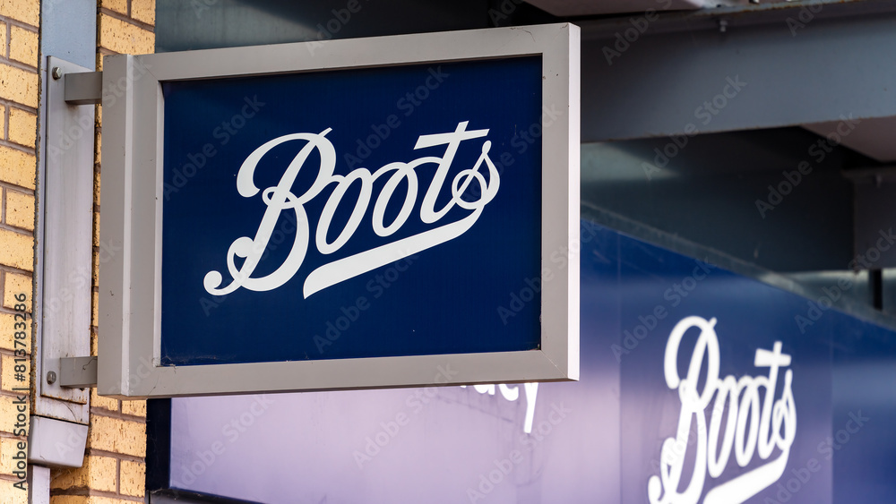 Boots Logo and sign outside a store, Leamington Spa, UK, April 14 2024 ...