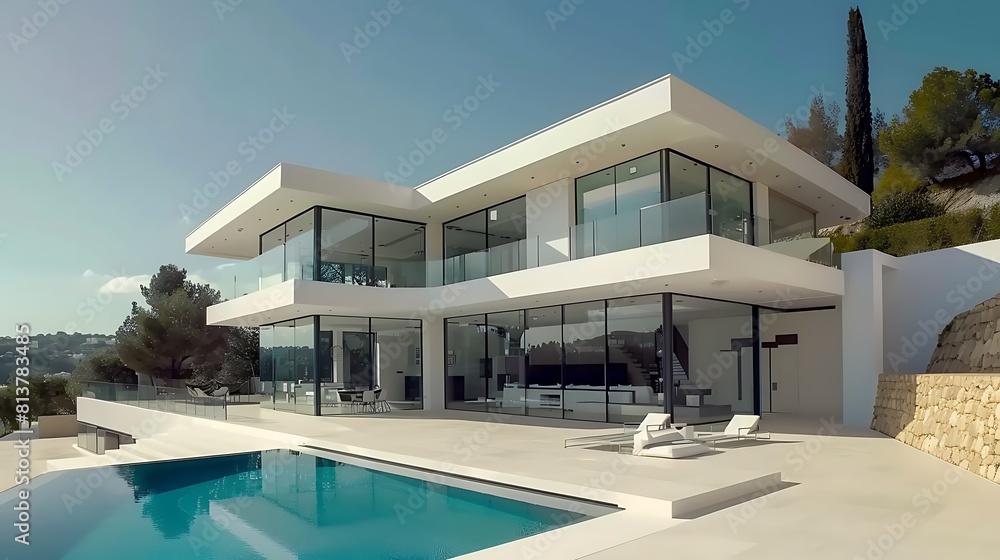 Modern villa with swimming pool in Alfachyp Spain. Luxury home real estate exterior design with white walls and glass windows  