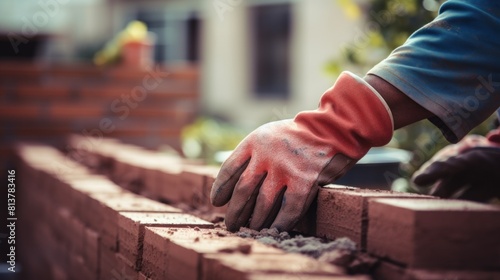 A worker wearing gloves is laying bricks on the wall, a close-up of hands and brickwork on a construction site