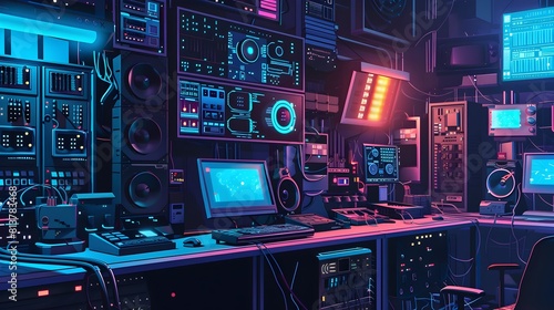 Detailed Computer Console with Futuristic Equipment and Glowing Interfaces
