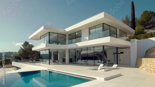 Modern villa with swimming pool in Alfachyp Spain. Luxury home real estate exterior design with white walls and glass windows   © Wajid
