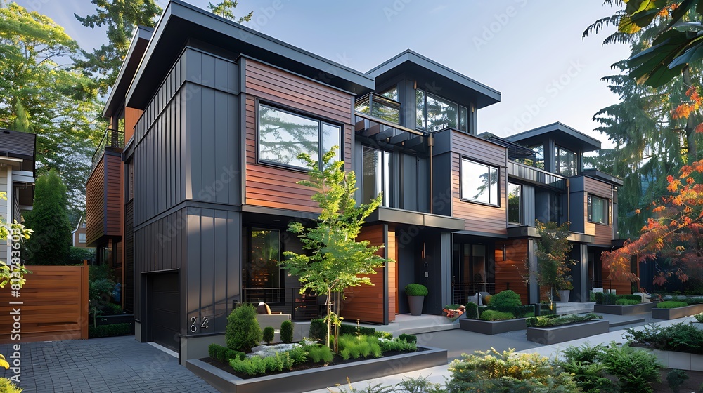 Modern townhouses with dark grey metal cladding and warm wood accents 